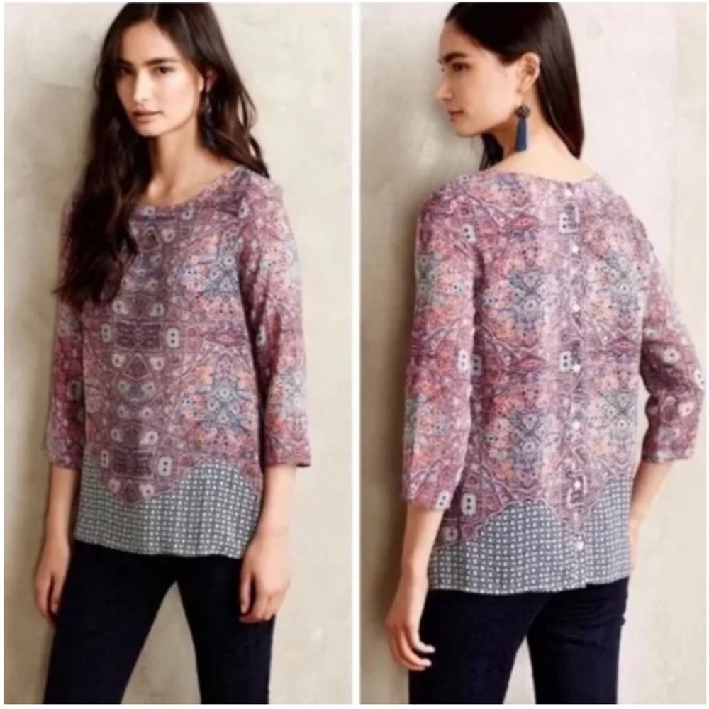 🌟 Anthropologie Maeve Sidney Silk Button Back Top - Size 6 - Like New